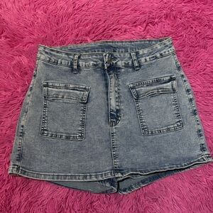 Denim Skort with Button Closure and Pockets